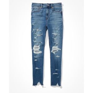 American Eagle Mom Jeans Ripped High Waist Stretch Indigo Shatter 2 Regular 2R